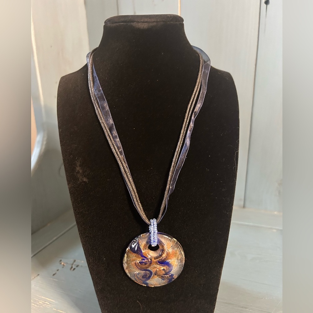 Beautiful Blue and Gold Artistic Pendant Necklace 15 inches